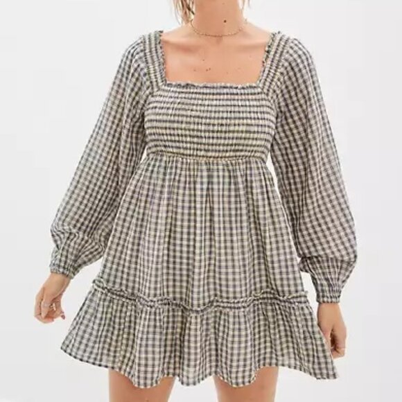 American Eagle Outfitters Dresses & Skirts - American Eagle Puff Sleeve Ruched Mini Dress Plaid Cottagecore Farm Prairie S